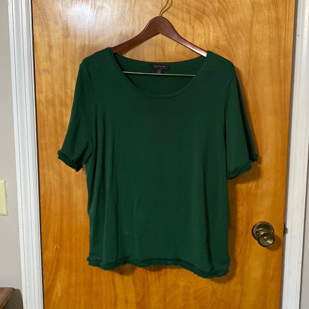 Forest green Ann Taylor top with fringed sleeves/hem